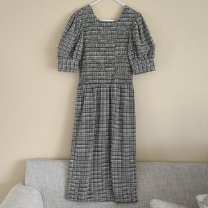 Size 44 Ganni Black And Cream Plaid Smocking Dress Puff Sleeves